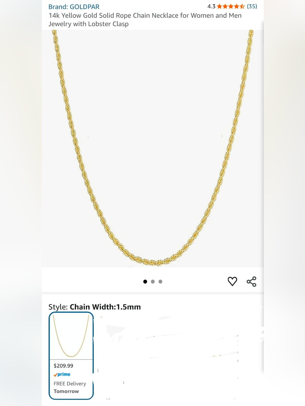 NIB Solid 14k Gold Rope Chain. 1.5 mm, 24" Lobster Clasp - Picture 4 of 11